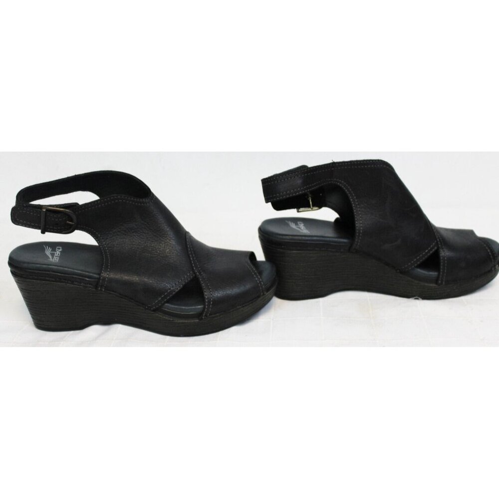 Dansko Women's Black Leather Shoes Heels sz 40 Wedge Peep Toe Business Casual